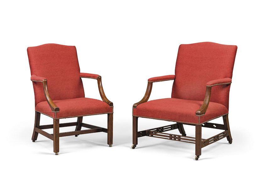 TWO GEORGE III MAHOGANY LIBRARY ARMCHAIRS, THIRD QUARTER 18TH CENTURY