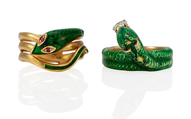 TWO GOLD, GREEN ENAMEL RUBY AND DIAMOND SNAKE RINGS