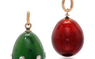TWO JEWELLED FABERGÉ GOLD, HARDSTONE AND GUILLOCHÉ ENAMEL EGG PENDANTS, WORKMASTERS FEODOR AFANASSIEV AND AUGUST HOLLMING, ST PETERSBURG, CIRCA 1900