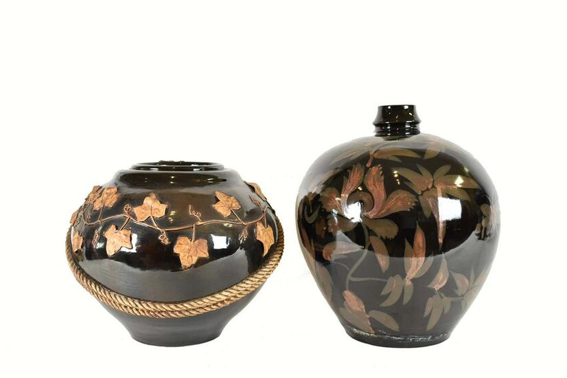 TWO LARGE FOLIATE DECORTATED BROWN GLAZED VASES