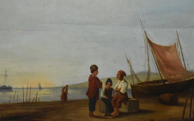 Tableau huile sur panneau en chêne école hollandaise 19e siècle "Personnages sur la plage" dim....