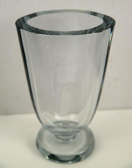 Tall Etched Glass Vase with deer Motif
