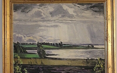 Thorvald Hagedorn-Olsen: View from Roskilde fjord. Signed Thorvald Hagedorn-Olsen. Oil on canvas. 46.5×55.5 cm. Frame size 57×66 cm.