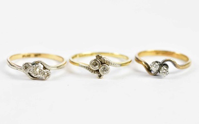 Three 9ct yellow gold and tiny diamond set dress rings...