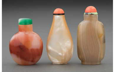 Three Chinese Carnelian, Banded Agate, And Mother of Pearl Snuff Bottles