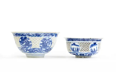 Three Chinese blue and white bowls with reticulated sides and one with...