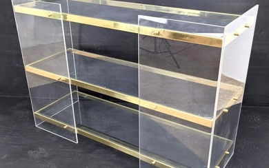 Three Tier Lucite Shelf Display Unit. Gold Tone band tr