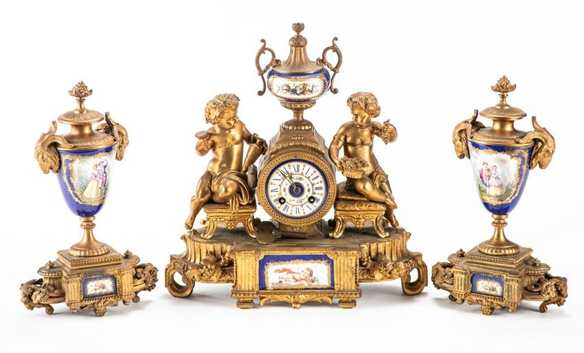 Three piece Sevres French Clock Set. Clock measures 14