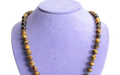 Tiger Eye Gemstone Beaded Necklace with 14k gold closure. Strung with knots