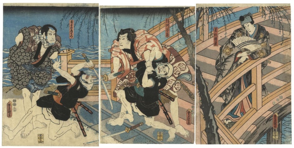 Toyokuni III Utagawa, Kabuki, Meiboku Sendaihagi, Triptych, ...