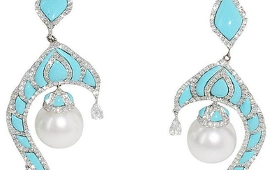 Turquoise, Diamond and 18 Karat White Gold Pearl Dangle
