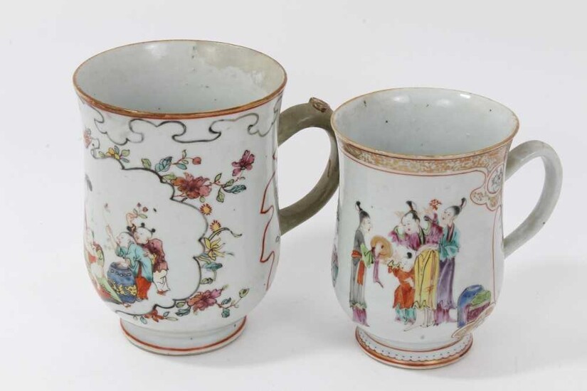 Two Chinese 18th/19th century famille rose porcelain tankards, painted...