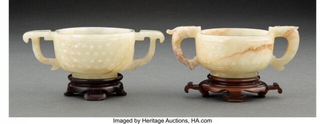 Two Chinese Dual-Handled Jade Cups 1-5/8 x 4-7/8