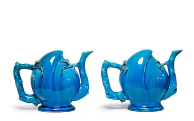 Two Chinese monochrome turquoise glazed peach form Cadogan teapots, Qing dynasty, 19th...