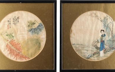 Two Chinese paintings on round silk panels, late 19th...