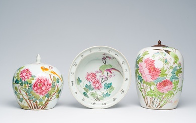 Two Chinese qianjiang cai jars and covers and a bowl with a bird among blossoming...