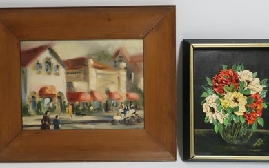 Two Oil Paintings- Village Scene & Flowers in Vase
