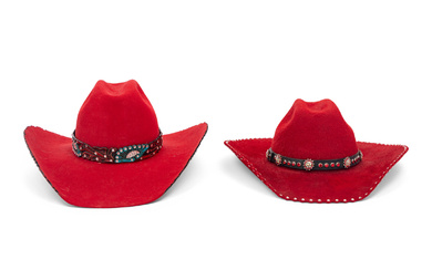 Two Red Western Hats and Hat Case