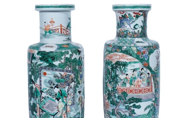 Two Similar Chinese 'Famille Verte' Rouleau Vases, Early 20th Century