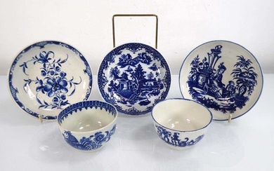 Two early Worcester blue and white tea bowls and three...