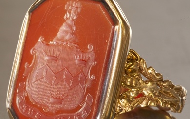 UNUSUAL CARNELIAN ANTIQUE SEAL RING, High carat gold. intagl...