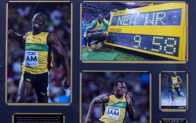 USAIN BOLT SIGNED PHOTOGRAPH mounted in a display with...