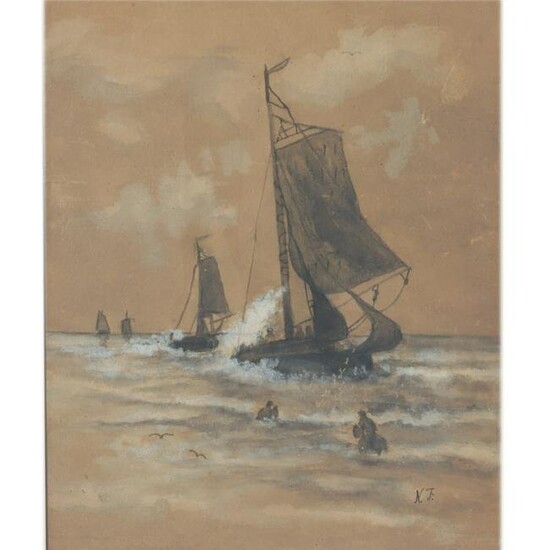 Unknown sailboats on turbulent sea, watercolor on
