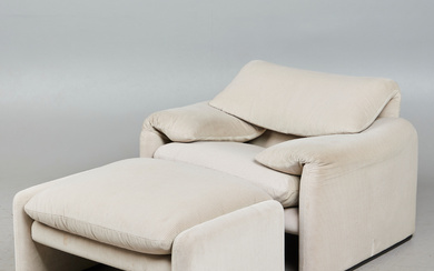 VICO MAGISTRETTI. Cassina, armchair with ottoman, Maralunga model, steel, fabric, plastic, designed in 1973, Italy (2).