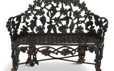 VICTORIAN STYLE GREEN PAINTED CAST IRON GARDEN BENCH 33 x 43 x 18 in. (83.8 x 109.2 x 45.7 cm.)