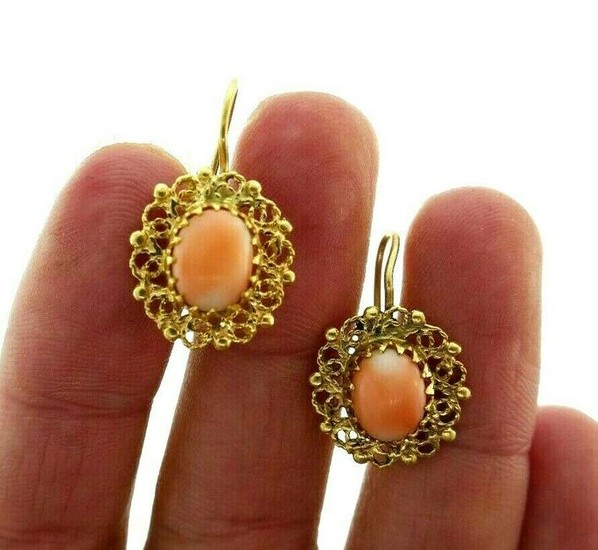 VINTAGE 14k Yellow Gold & Coral Earrings on Wire
