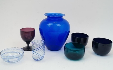 Vetreria Etrusca, a large cobalt blue baluster form glass vessel, of recent manufacture, 26cm high; together with a matched pourer, 12cm high and bowl, 12cm and 5.5cm high respectively by Stewart Hearn for London Glassworks; a pair of deep blue...