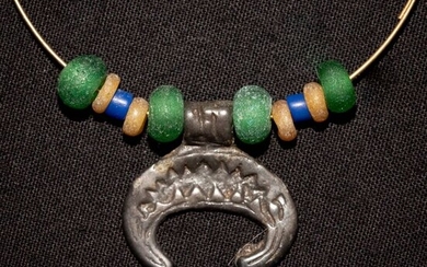 Viking Era Bronze Beautiful set of Lunula Amulet and colorfull glass beads - (20×25×0 mm)