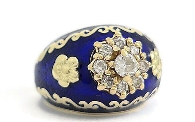 Vintage 1950's Blue Enamel Diamond Flower Cocktail Ring 14K Yellow Gold 11.15 Gr