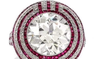 Vintage Art Deco 6.05ct Old European Cut Diamond Ruby Platinum Ring