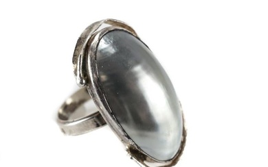 Vintage Avi Soffer Sterling Silver Mabe Pearl Artisan Statement Ring Size 7.75