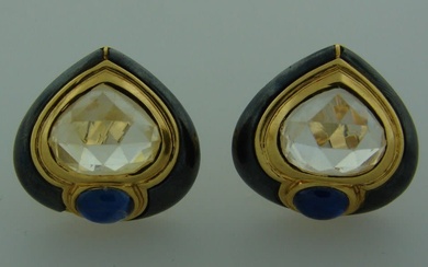 Vintage Bulgari EARRINGS Sapphire 18k Yellow Gold Hematite Estate Jewelry