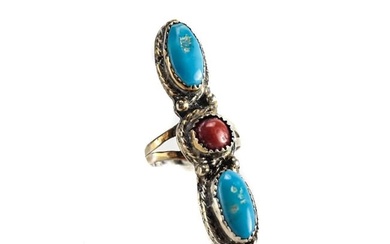 Vintage Navajo Sterling Silver Ring Gemstone Turquoise Coral nuggets Size 5.75