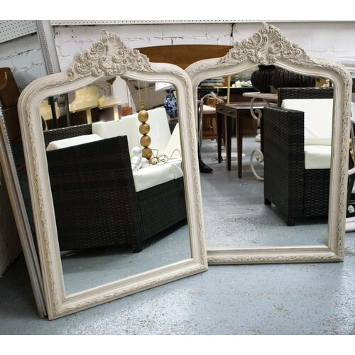 WALL MIRRORS, a pair, 78cm x 112cm H, carved cream painted f...