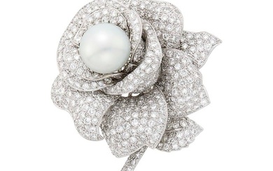 White Gold, South Sea Cultured Pearl and Diamond Flower Clip-Brooch