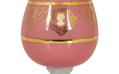 White and pink opaline glass vase decorated with a cameo