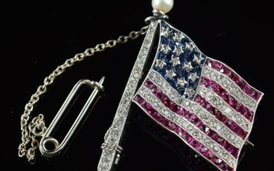 White gold diamond, ruby, and sapphire American flag