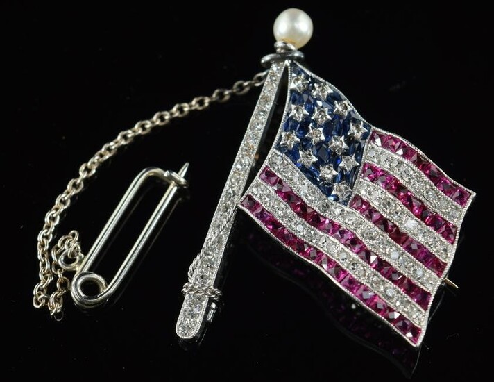 White gold diamond, ruby, and sapphire American flag