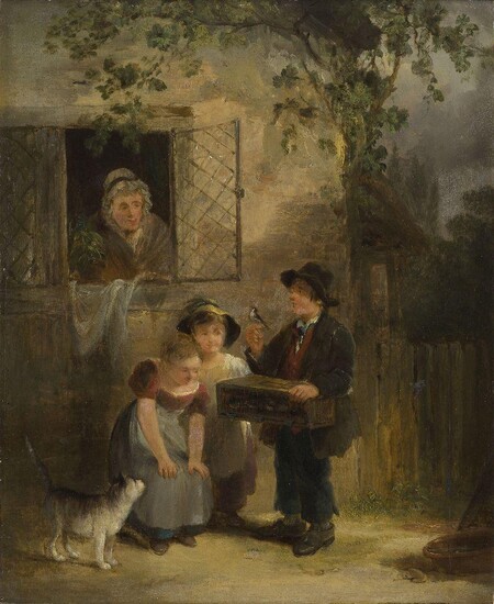 William Shayer Snr, British 1787-1879- The bird seller; oil on panel, 29.5 x 24 cm. Provenance: Private Collection.
