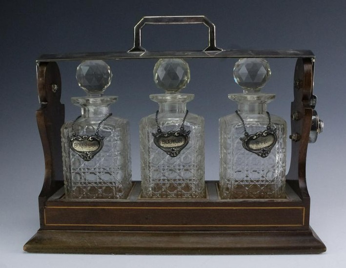 Wood & Silver 3 Decanters, Tantalus Set w/ 925 Tags