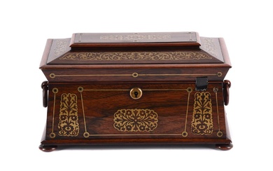 Y A WILLIAM IV ROSEWOOD AND BRASS INLAID TEA CADDY