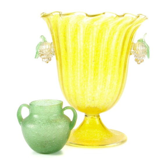 Yellow Glass Vase with Grape and Vine Form Handles, and Green Bubble Glass Vase