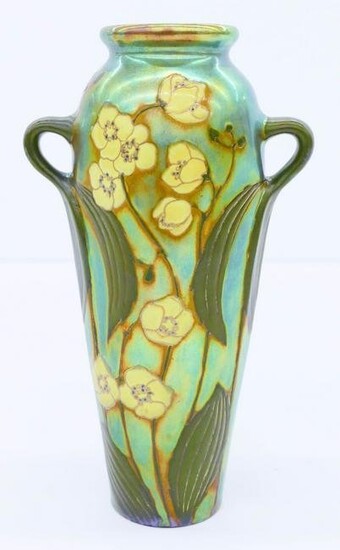 Zsolnay Floral Decorated Eosin Glaze Handled Vase