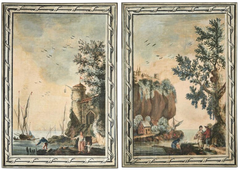 Zwei Küstenlandschaften mit Fischerfamilien am Ufer, Deutscher Meister, Ende des 18. Jahrhunderts