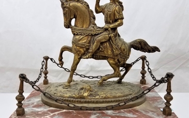 אינדיאני רוכב על סוס, פסל ברונזה על בסיס שיש,...