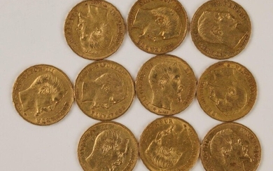 10 pieces of 20 Francs gold Napoleon III bareheaded